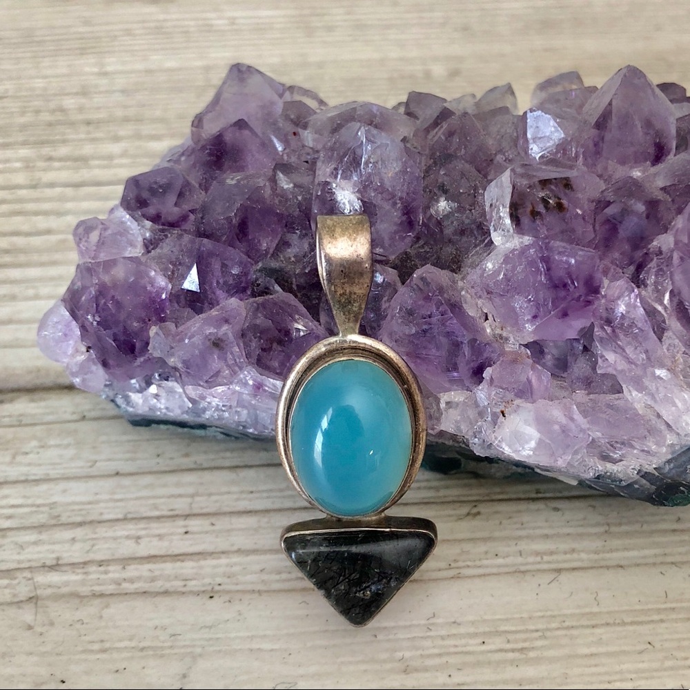 Sterling silver, chalcedony, tourmalinated quartz